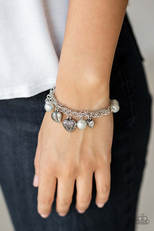 More Amour - White Paparazzi Heart Bracelet Accessories,Bracelet,Hearts,Pearls,Silver,Stretchy