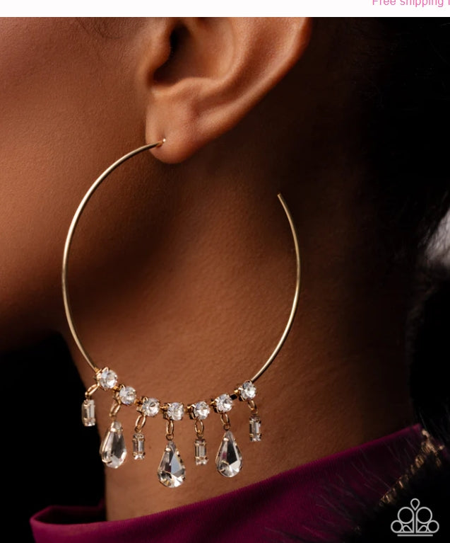 Over The Top Bling - Gold White Gem Hoop Earrings -