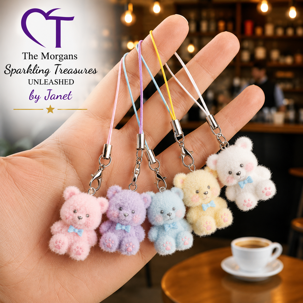 Five colorful teddy bear keychains on a hand with a blurred cafe background