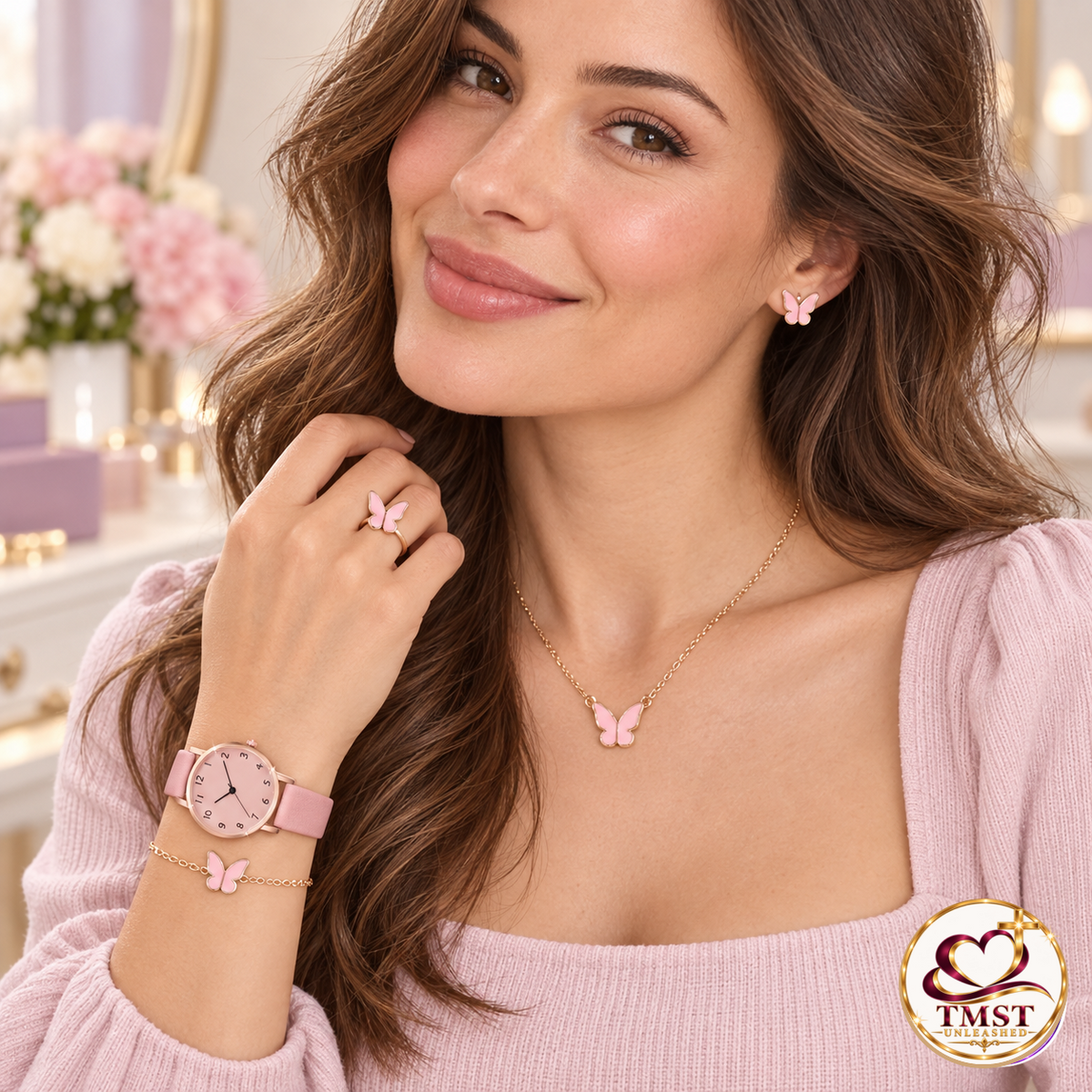 Blush Butterfly pink watch and jewelry set on model with current TMST logo