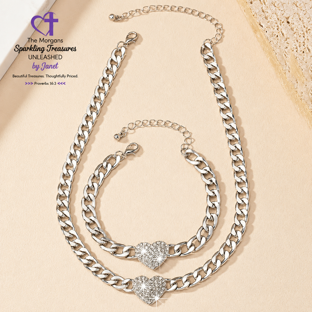 Endless Devotion Rhinestone Heart Necklace and Bracelet Heart Set