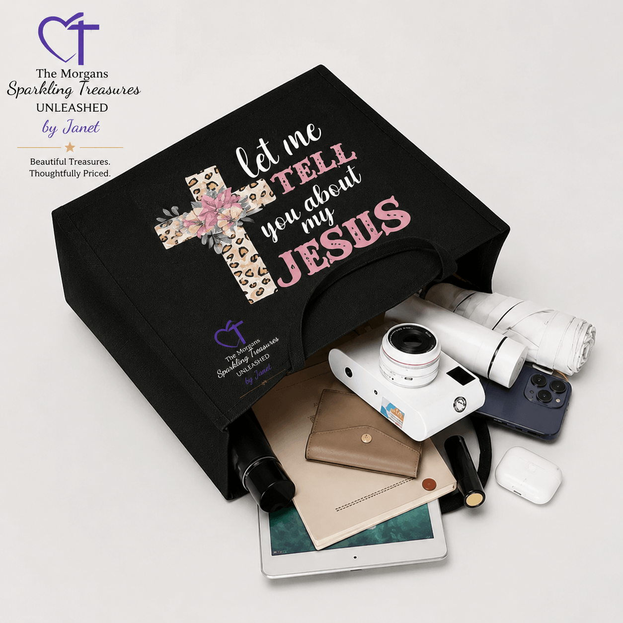 Let Me Tell You About My Jesus Faith Tote Accessories,Faith,Faith Collection,Gift for Her,Gift Ideas,Gifts,Tote Bag,UNLEASHED COLLECTION