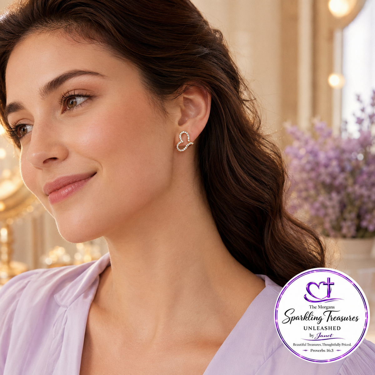 A woman in a light lavender top wearing a small silver heart-shaped hoop earring with a clear gemstone. The background is a softly blurred indoor setting with warm lighting and purple flowers.