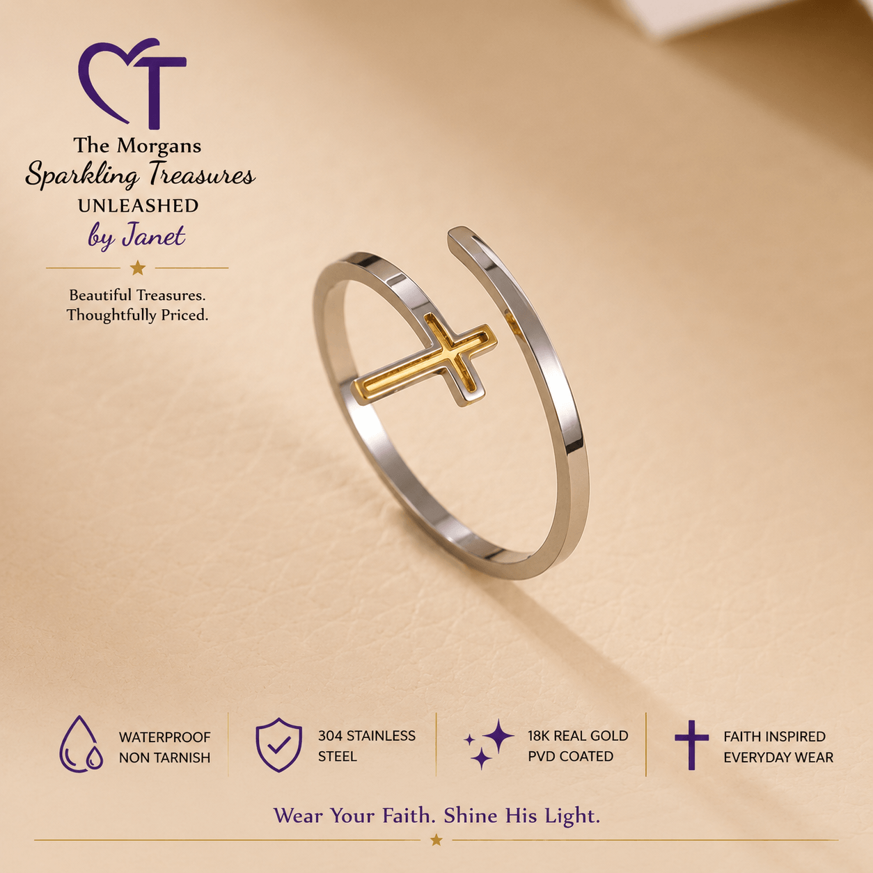 Faithful Grace Cross Adjustable Ring Accessories,Adjustable Ring,Cross,Faith,Faith Collection,Non-Tarnish,Ring,Silver,UNLEASHED COLLECTION,Waterproof