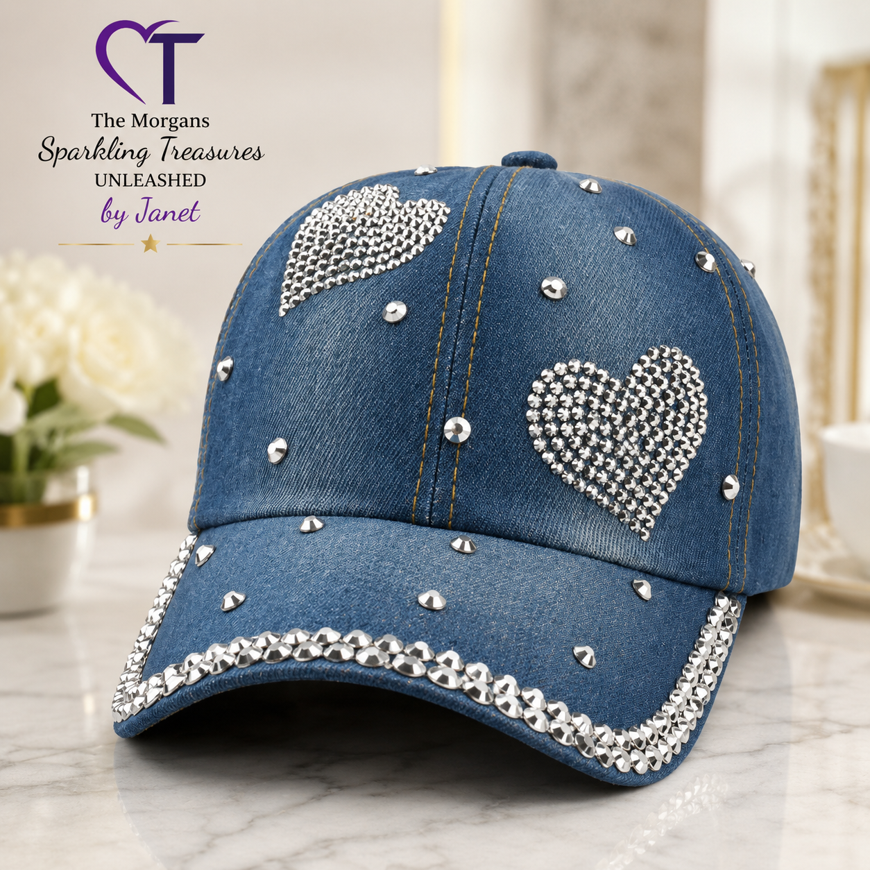 Silver Heart Sparkle Denim Cap