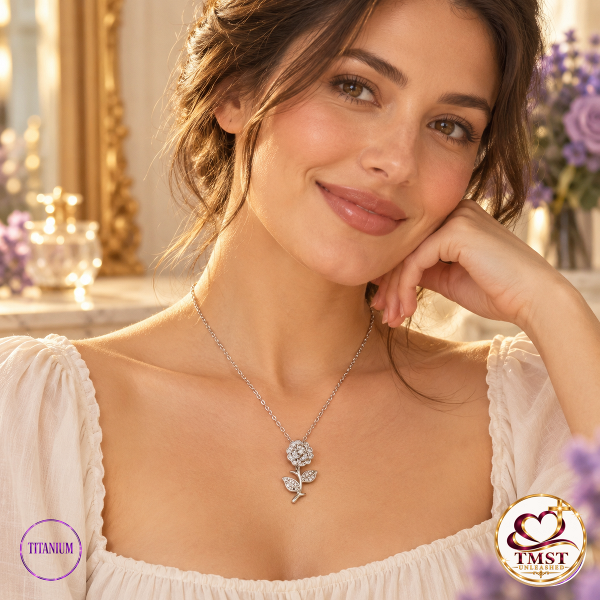 Everlasting Bloom rose pendant necklace on model with current TMST logo