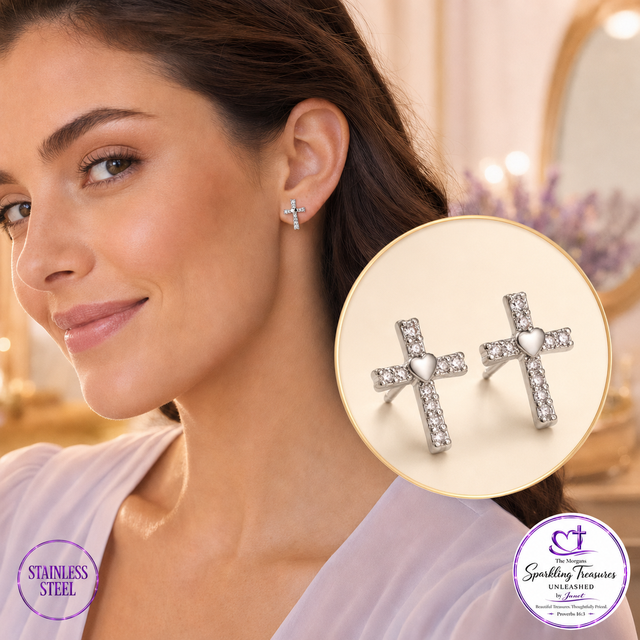 Heart of Faith™ Zircon Tiny Cross Post Earrings Stainless Steel
