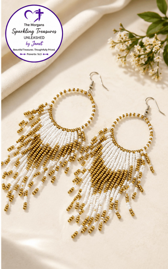 Boho Fringe Statement Earrings Collection Pink or White Accessories,earrings,Gold,Pink,Seedbeads,UNLEASHED COLLECTION,White