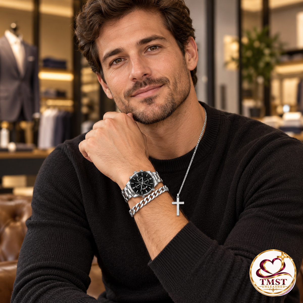 Steadfast Faith men's coordinated set on model with current TMST logo