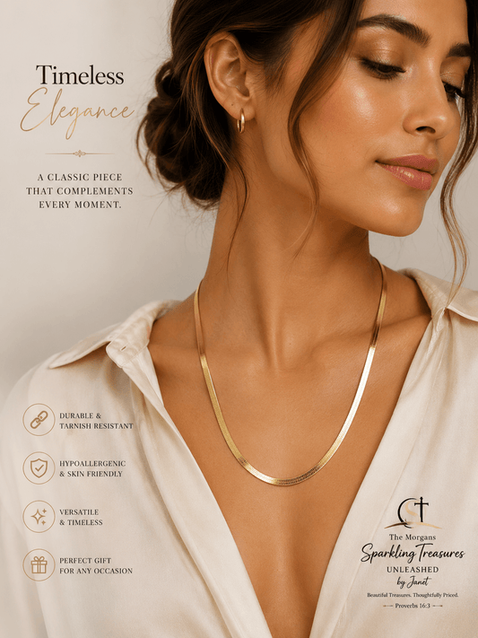 Woman wearing a gold necklace with product details on a beige background