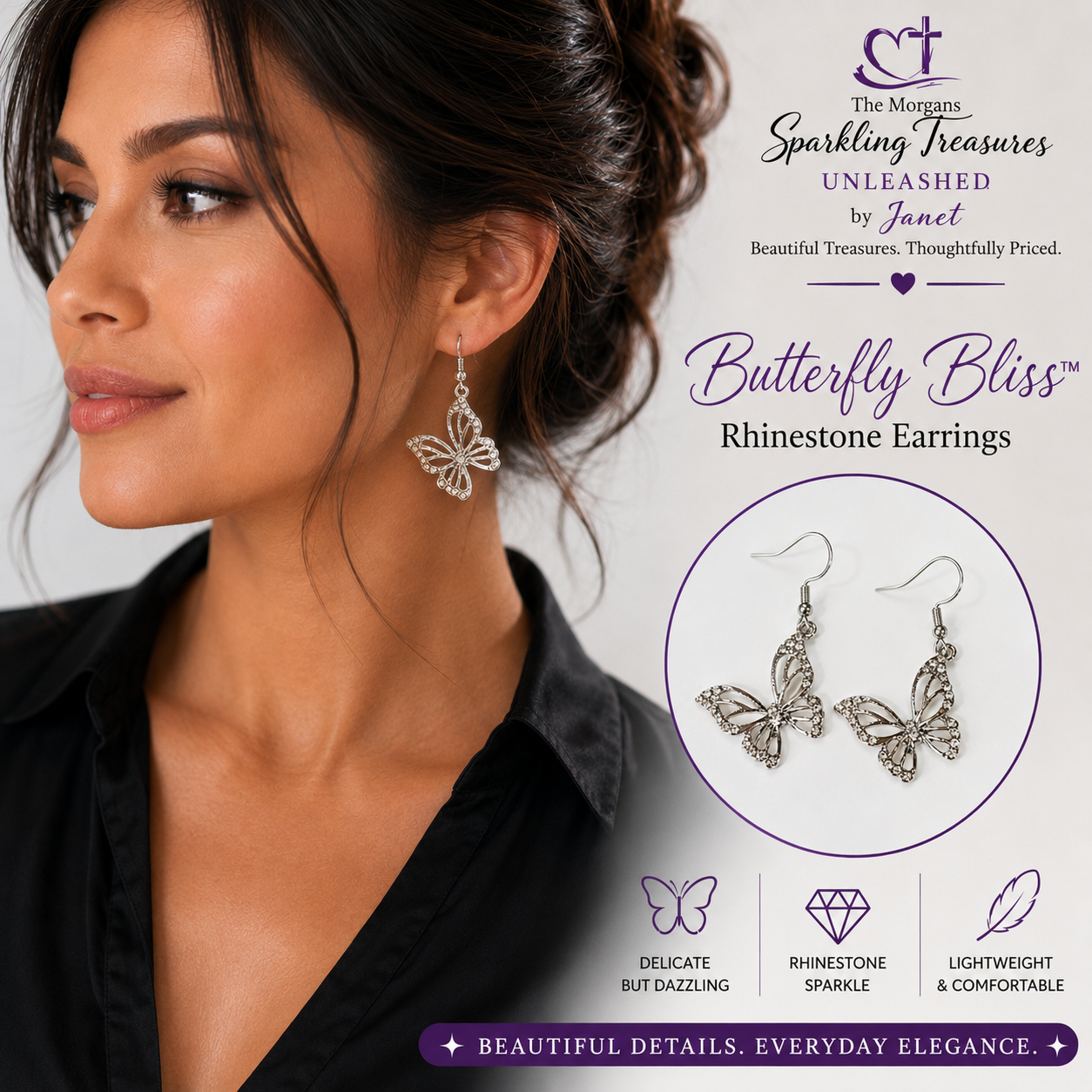 Silver butterfly-shaped rhinestone dangle earrings worn by a woman, shown alongside a product graphic and text reading 'Butterfly Bliss Rhinestone Earrings' from The Morgans Sparkling Treasures Unleashed by Janet.