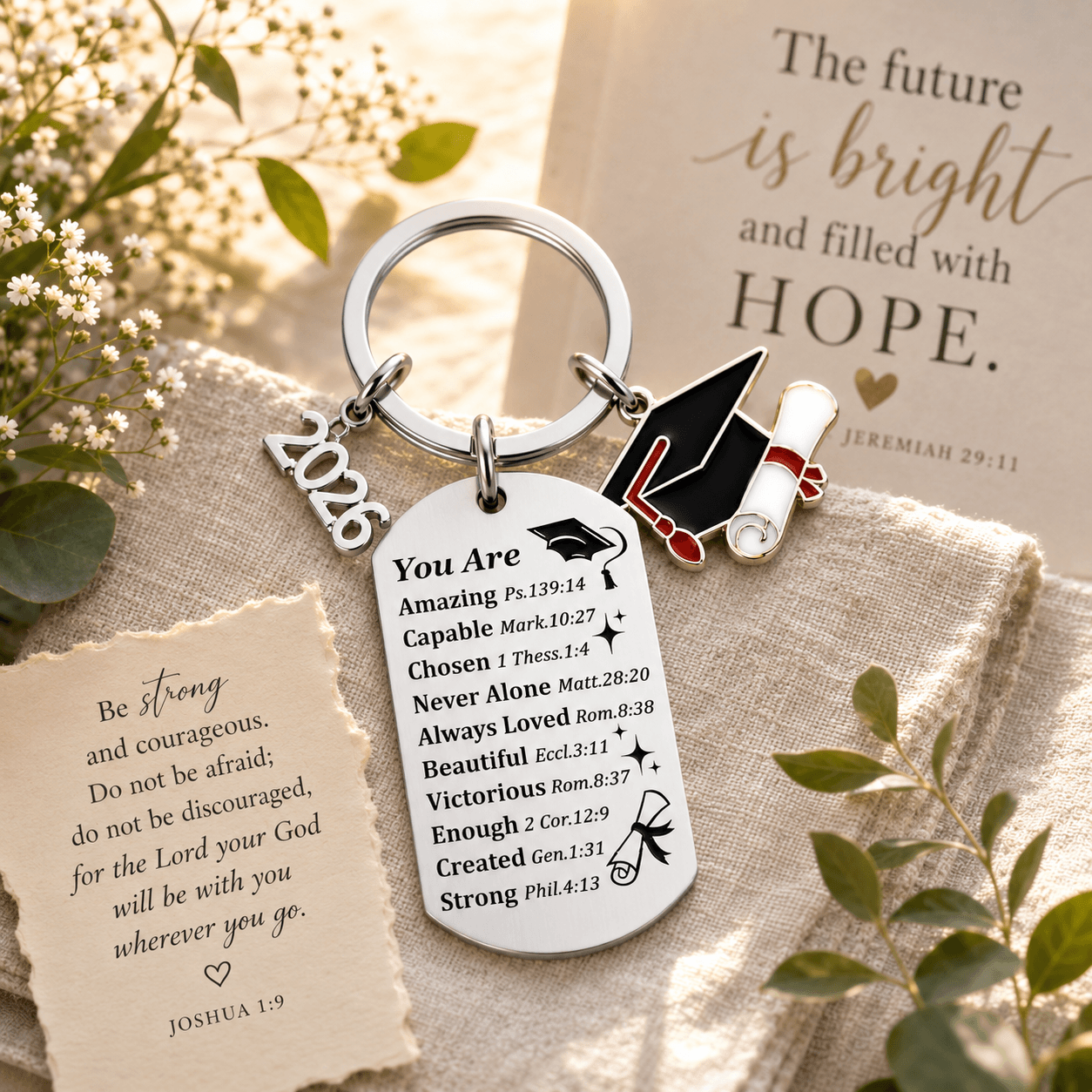 Keychain with graduation cap, diploma, and '2026' tag on a textured surface with flowers and text in the background.