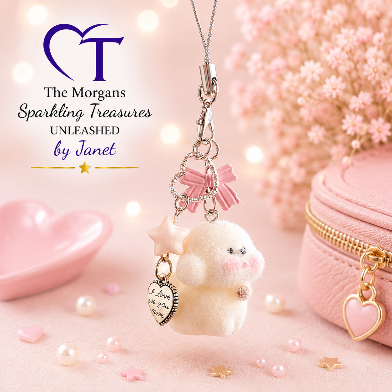 Delicate charm necklace with a small plush toy pendant on a pink background.