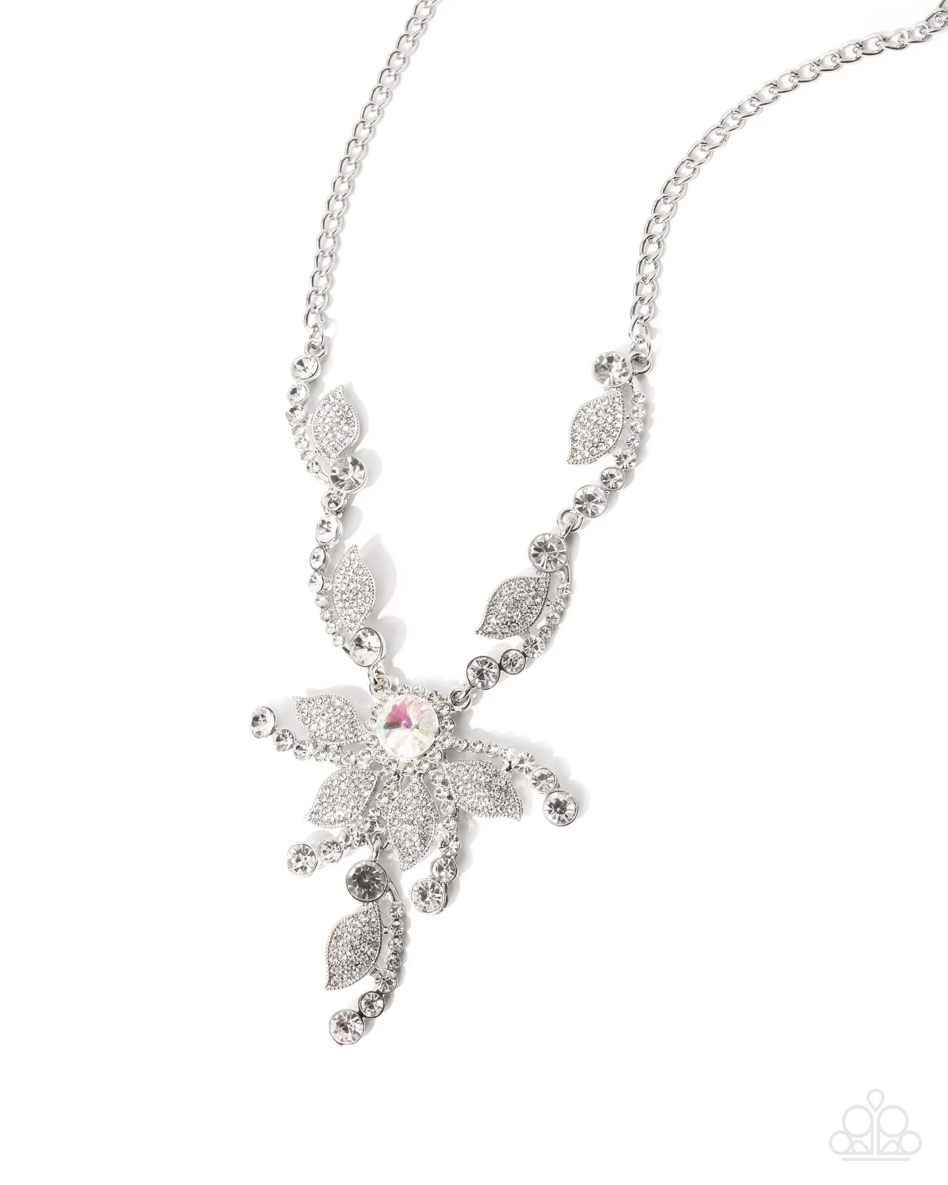 Cinematic Chic - White Paparazzi Necklace Accessories,Floral,Iridescence,Necklace,Short Necklace,Silver,White rhinestones