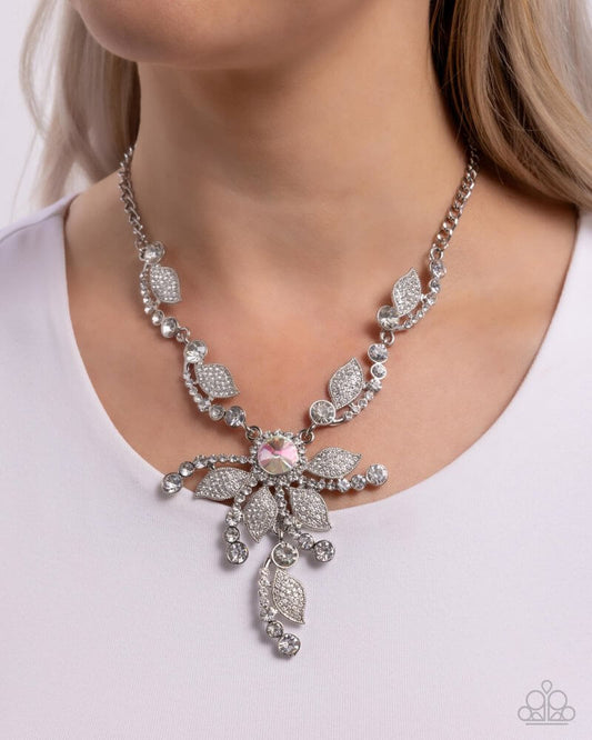 Cinematic Chic - White Paparazzi Necklace Accessories,Floral,Iridescence,Necklace,Short Necklace,Silver,White rhinestones