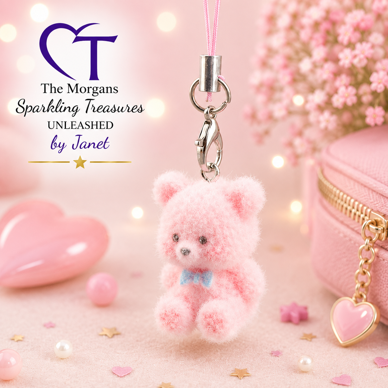 Pink teddy bear keychain with decorative background and 'The Morgans Sparkling Treasures' branding.