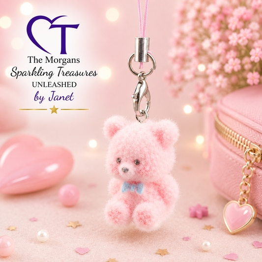 Pink teddy bear keychain with decorative background and 'The Morgans Sparkling Treasures' branding.