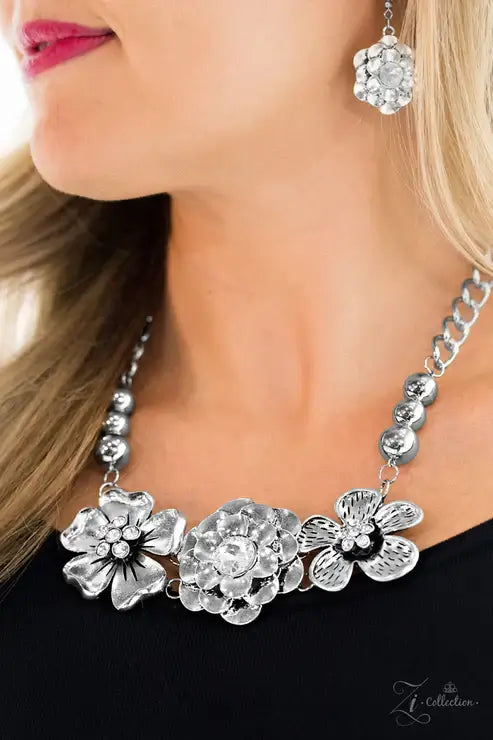 Paparazzi Abloom Zi Collection Piece Accessories,Floral,Necklace,Short Necklace,White rhinestones,ZiCollection
