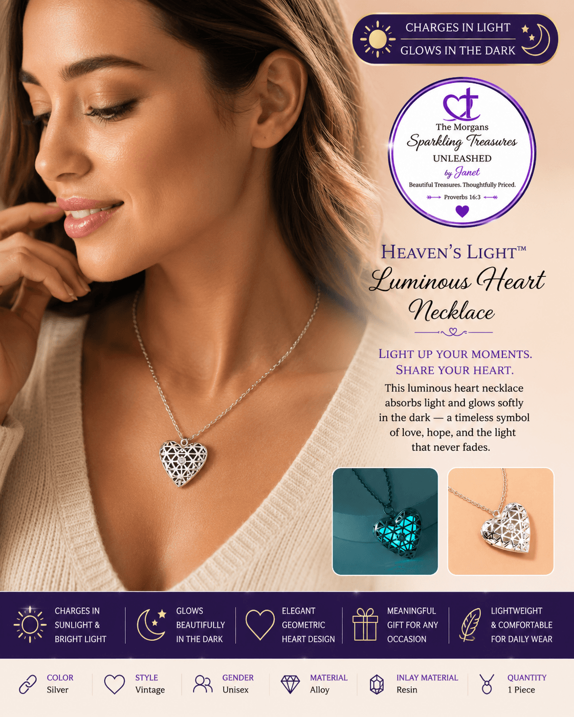 Heaven's Light™ Luminous Heart Necklace Accessories,Glow,Luminous,Necklace,Short Necklace,Silver,Silver Accents,Silver Jewelry,UNLEASHED COLLECTION