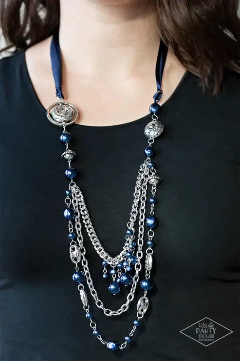 Paparazzi Necklace ~ All The Trimmings - Blue Accessories,Blockbuster,Blue,Life of the Party Exclusive,Long Necklace,Necklace,Short Necklace,Silver Accents