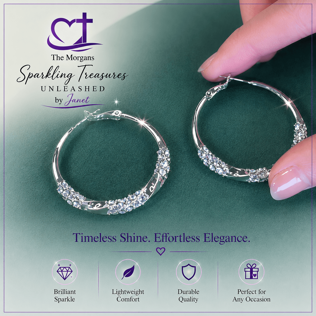 Silver hoop earrings on a green surface with 'The Morgans' branding.