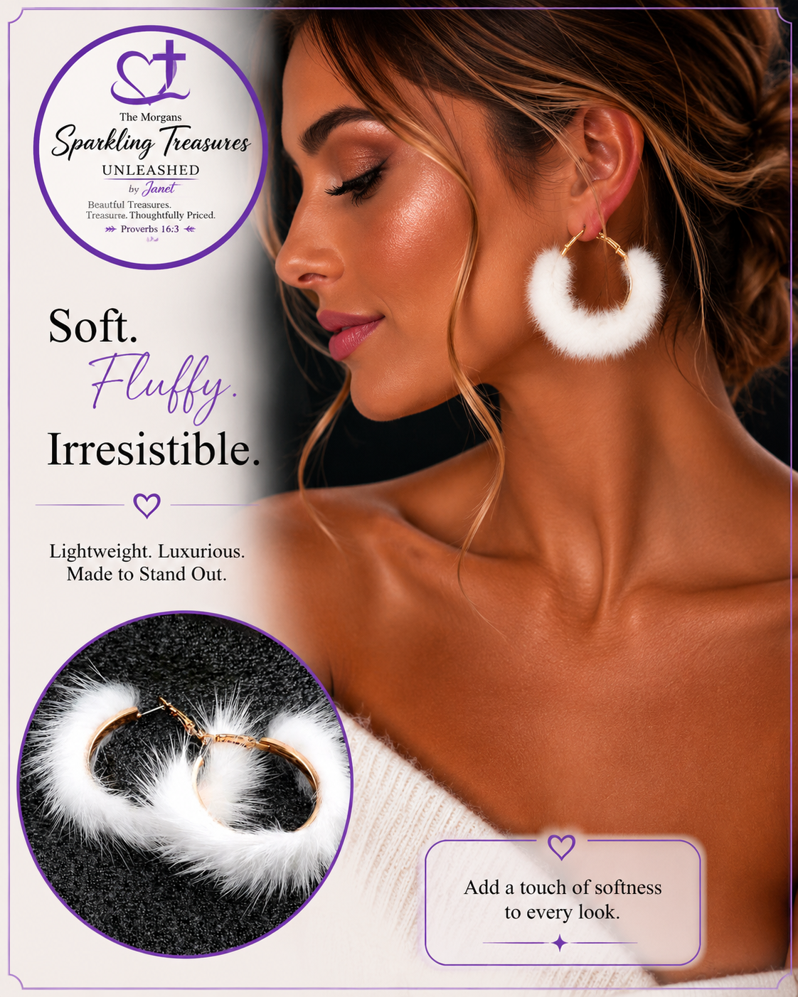 Woman wearing fluffy earrings with product description text and close-up of earrings.