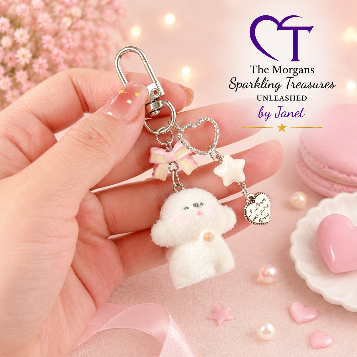 Hand holding a keychain with a fluffy white dog charm on a pink background with decorative elements.