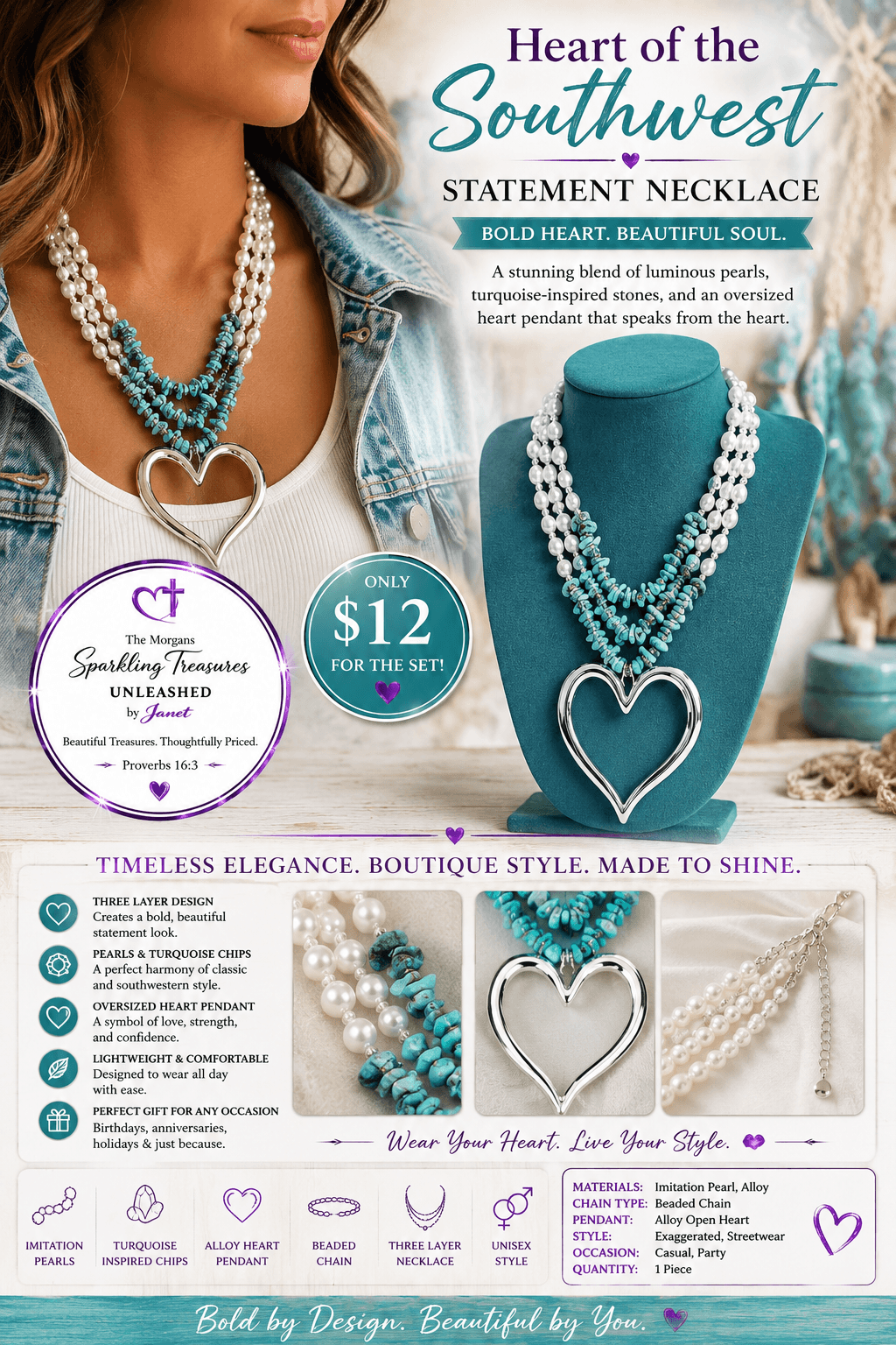 Heart of the Southwest™ Statement Necklace Accessories,Affordable Jewelry,Blue,Boutique Jewelry,Everyday Elegance,Everyday Jewelry,Everyday Style,Fashion Accessories,Fashion Jewelry,Gift for Her,Gift Ideas,Gifts,Heart Jewelry,Hearts,Hearts Collection,Neck
