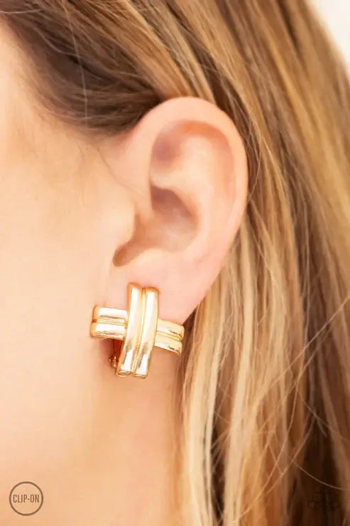 Paparazzi Couture Crossover - Gold Clip-On $5 Jewelry with Janet Morgan EARRINGS