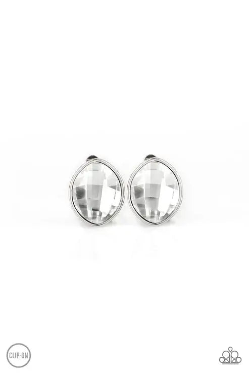 Paparazzi Movie Star Sparkle - White Clip-On $5 Jewelry with Janet Morgan EARRINGS
