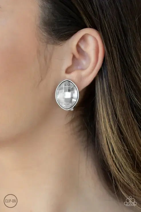 Paparazzi Movie Star Sparkle - White Clip-On $5 Jewelry with Janet Morgan EARRINGS