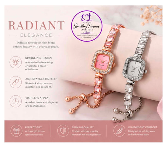 Two elegant wristwatches on a person's wrist with product details on a pink background.