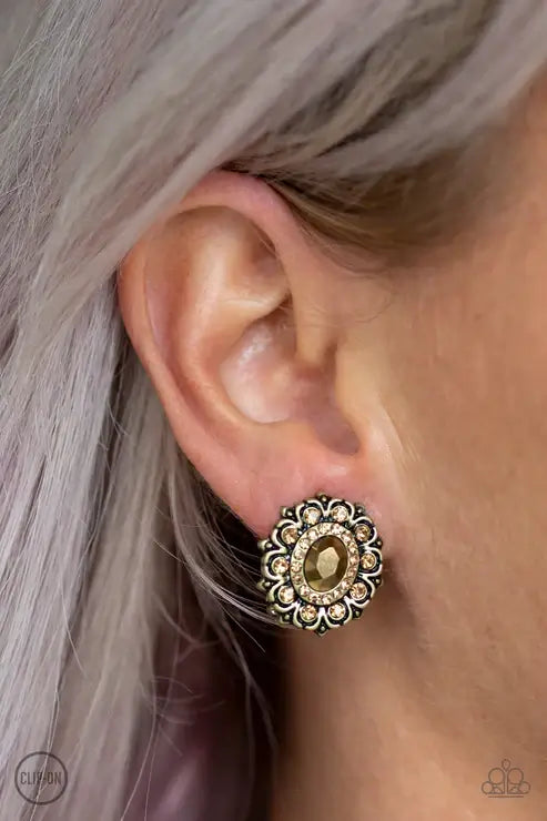 Paparazzi Flowering Dazzle - Brass Clip-On $5 Jewelry with Janet Morgan EARRINGS