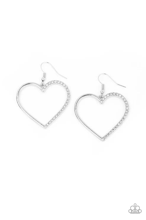 Paparazzi First Date Dazzle - White Earrings Accessories,earrings,Hearts,Silver,White rhinestones