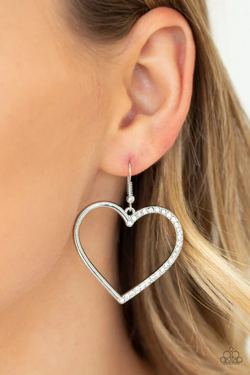 Paparazzi First Date Dazzle - White Earrings Accessories,earrings,Hearts,Silver,White rhinestones