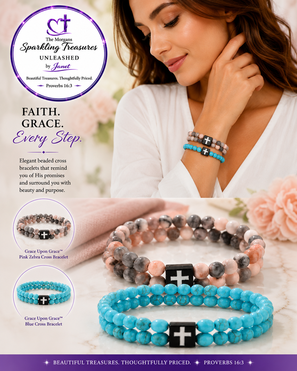 Grace Upon Grace™ Pink Zebra Cross and Blue Cross Bracelet - Christian faith bracelet