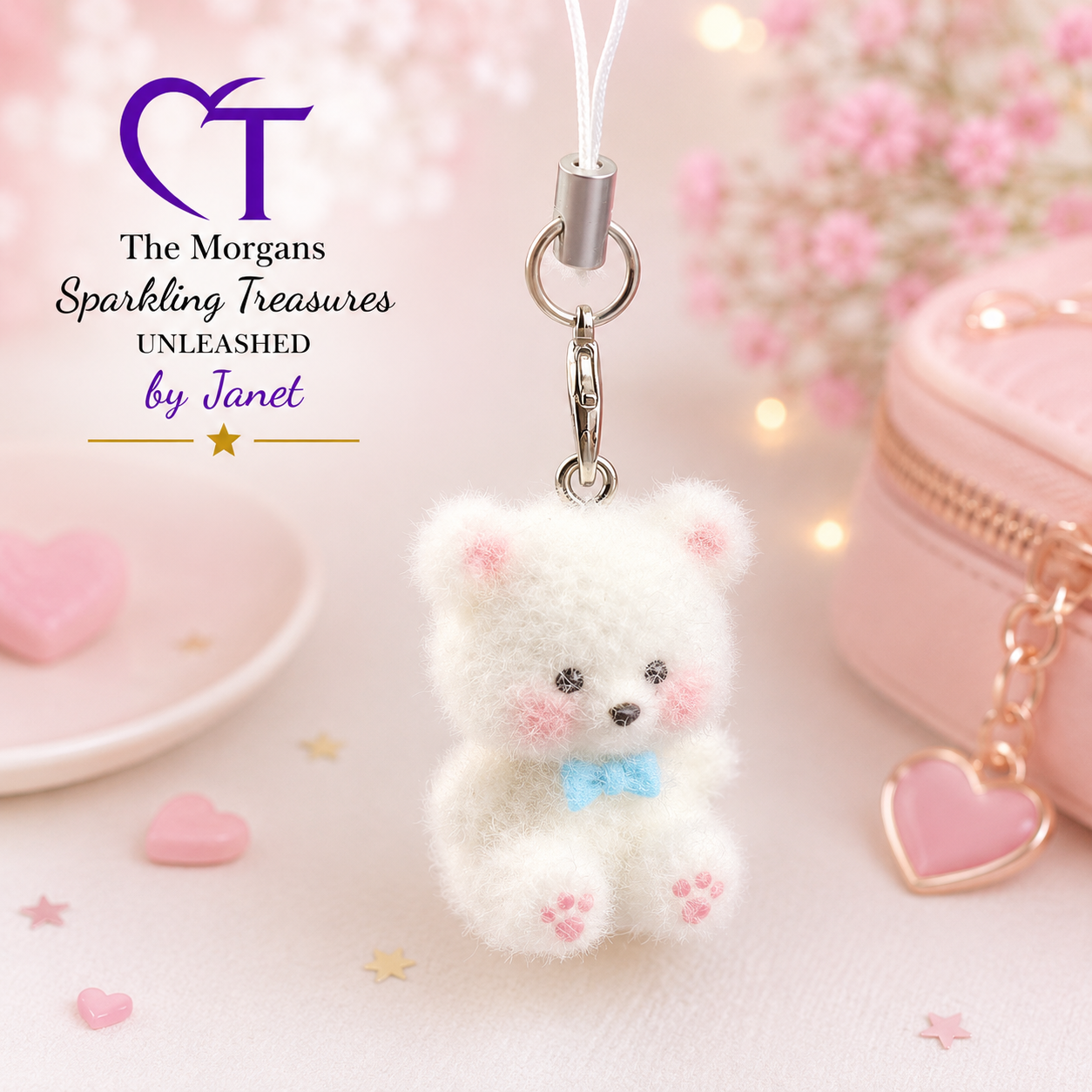 White teddy bear keychain with a blue bow tie on a pink background, featuring 'The Morgans Sparkling Treasures Unleashed by Janet' logo.
