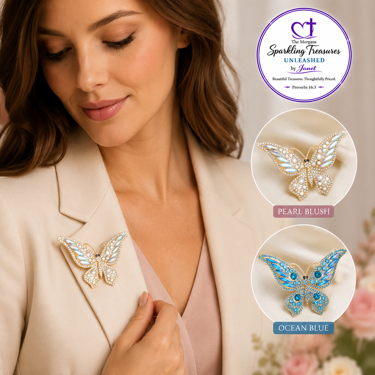 A woman in a beige blazer wears a butterfly-shaped brooch with sparkling rhinestones. The image includes two inset views of the same brooch shown in two colorways: pearl blush and ocean blue, with branding for 'The Dreamer Sparkling Treasures Unleashed' in the top right.