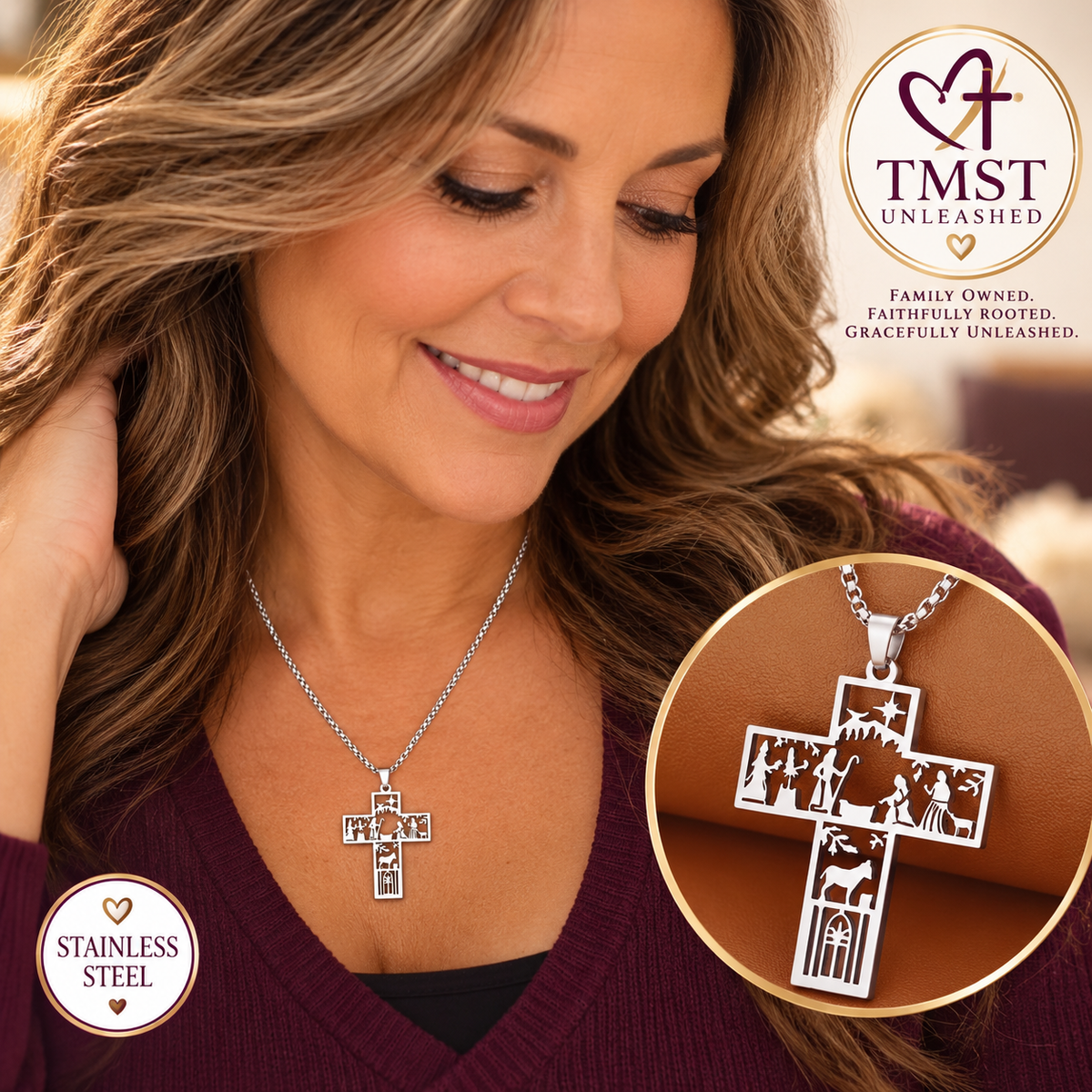 Bethlehem’s Promise™ Stainless Steel Nativity Cross Necklace
