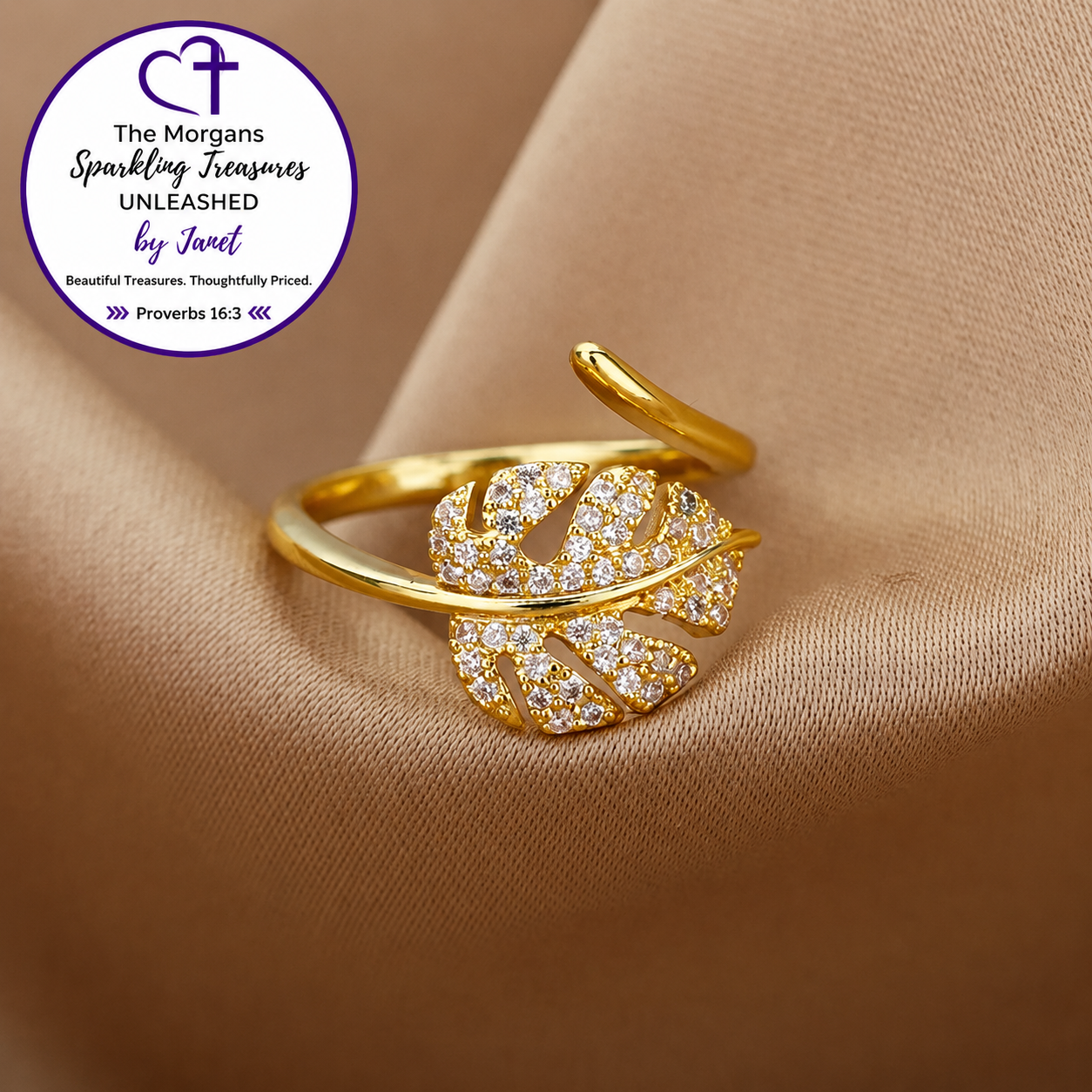 Golden Palm Radiance Ring – 18K Gold PVD Leaf Open Ring