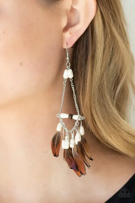 Paparazzi Earring ~ Haute Hawk - White Accessories,Brown,earrings,Feathers,White