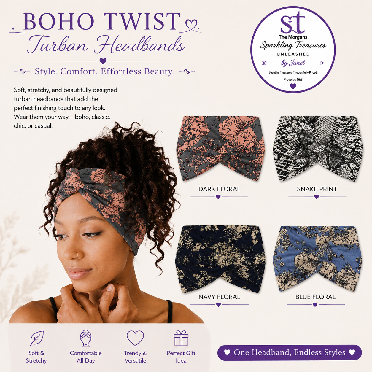 Boho Twist turban headbands with a model wearing one, displayed against a white background.
