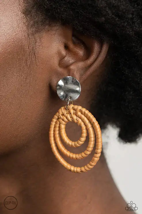 Paparazzi Whimsically Wicker - Brown Clip-On $5 Jewelry with Janet Morgan EARRINGS