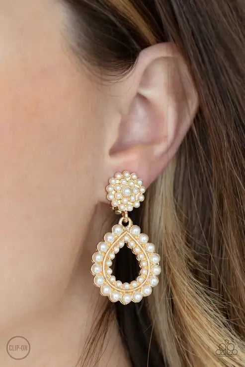 Paparazzi Discerning Droplets - Gold Clip-On $5 Jewelry with Janet Morgan EARRINGS