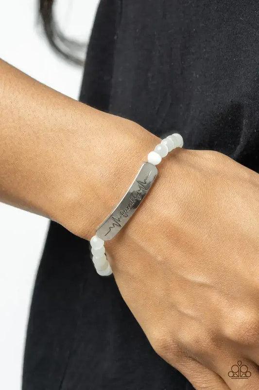 Paparazzi Bracelet ~ Family is Forever - White Accessories,Bracelet,Cats Eye,Inspirational,Stretchy,White