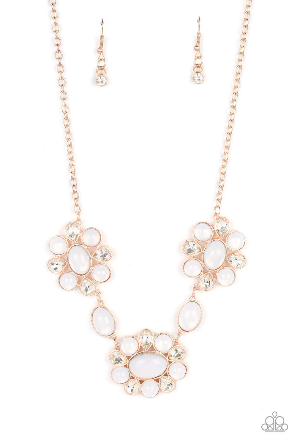 Your Chariot Awaits - Rose Gold White Bead Rhinestone Necklace - Paparazzi Life of the Party October 2022 $5 Jewelry with Janet Morgan Necklace