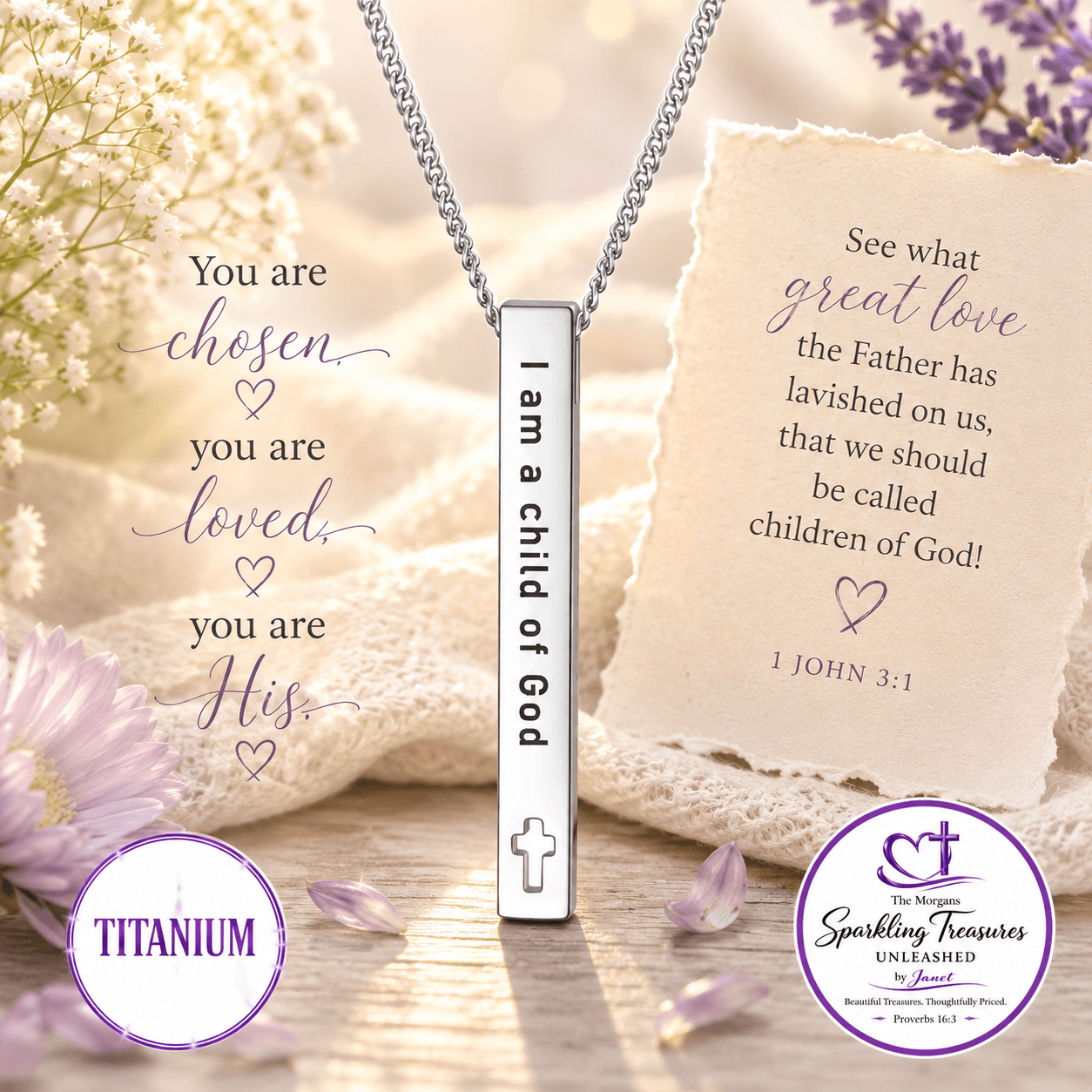 Necklace with engraved message on a decorative card with flowers