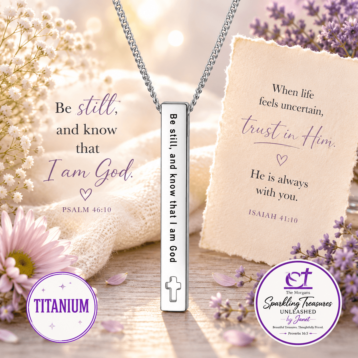 Necklace with inspirational message card and flowers on a soft background