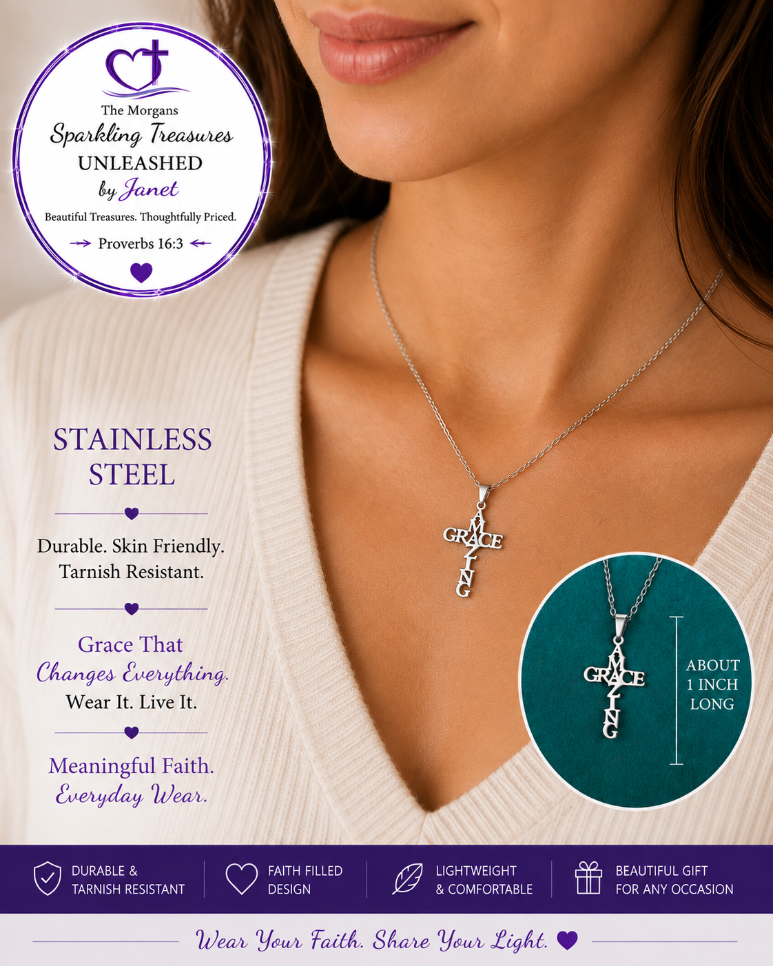 Amazing Grace silver-tone cross necklace shown on a female model
