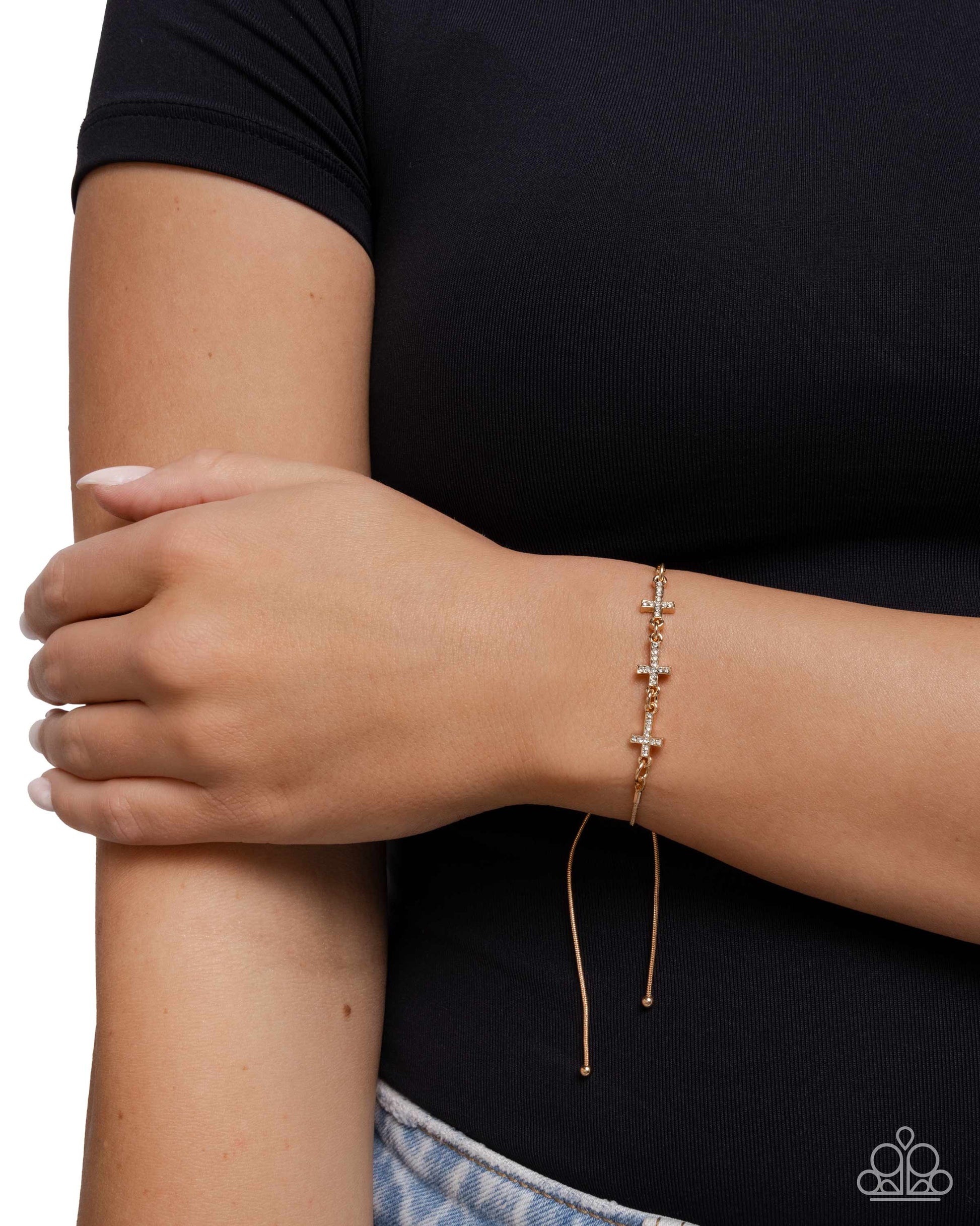 Holy Order - Gold Paparazzi Cross Bracelet Accessories,Bracelet,Cross,Faith,Gold,White rhinestones